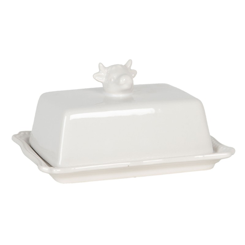 Clayre & Eef Butter Dish 18x14x8 cm White Ceramic Rectangle Cow