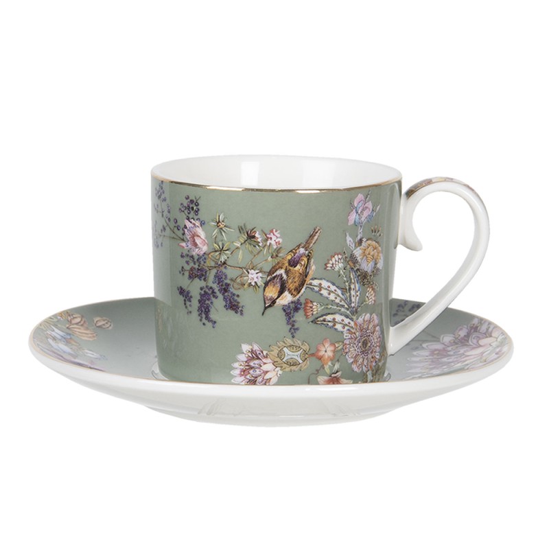 Clayre & Eef Cup and Saucer 220 ml Green Porcelain Round Flowers