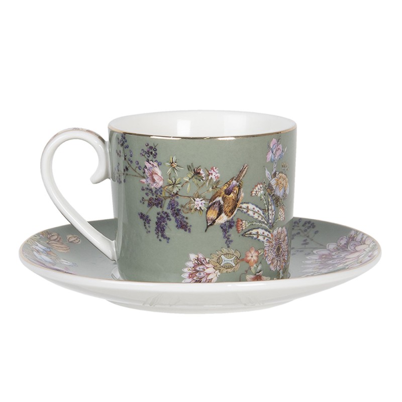 Clayre & Eef Cup and Saucer 220 ml Green Porcelain Round Flowers