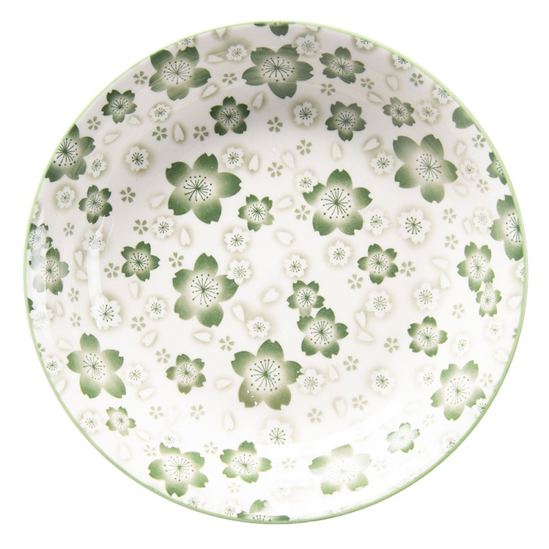 Clayre & Eef Piatto da zuppa Ø 20x4 cm Verde Bianco  Ceramica Rotondo Fiori