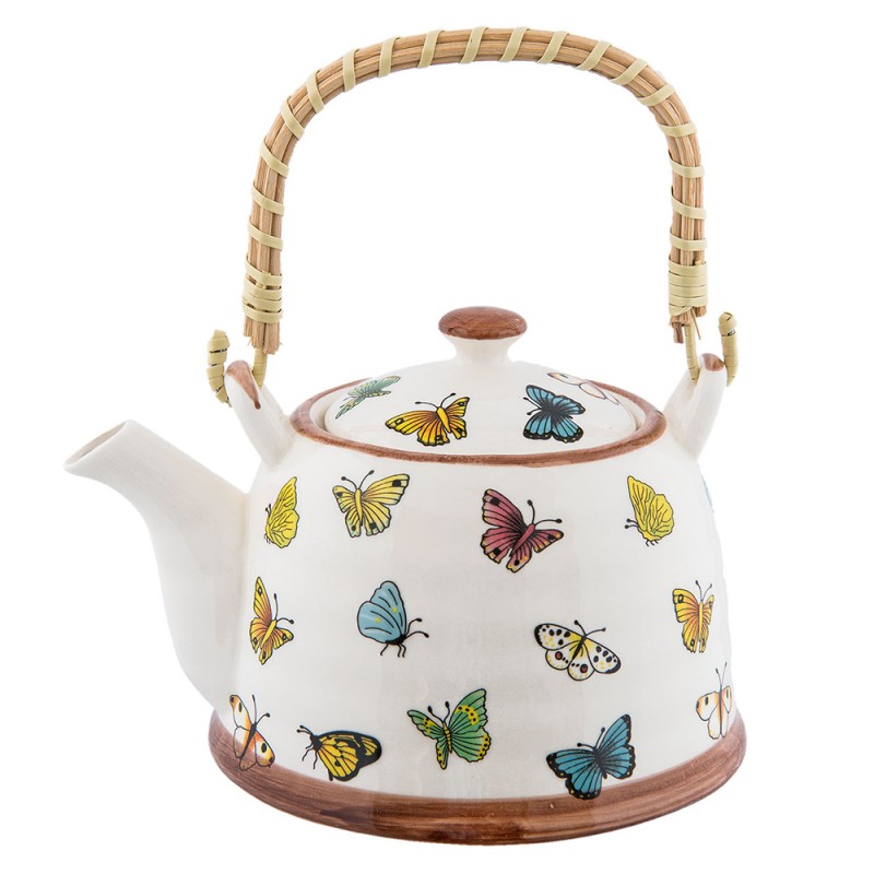 Clayre & Eef Teekanne mit Filter 700 ml Beige Gelb Keramik Rund Schmetterlinge
