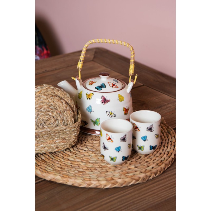 Clayre & Eef Teapot with Infuser 700 ml Beige Yellow Ceramic Round Butterflies