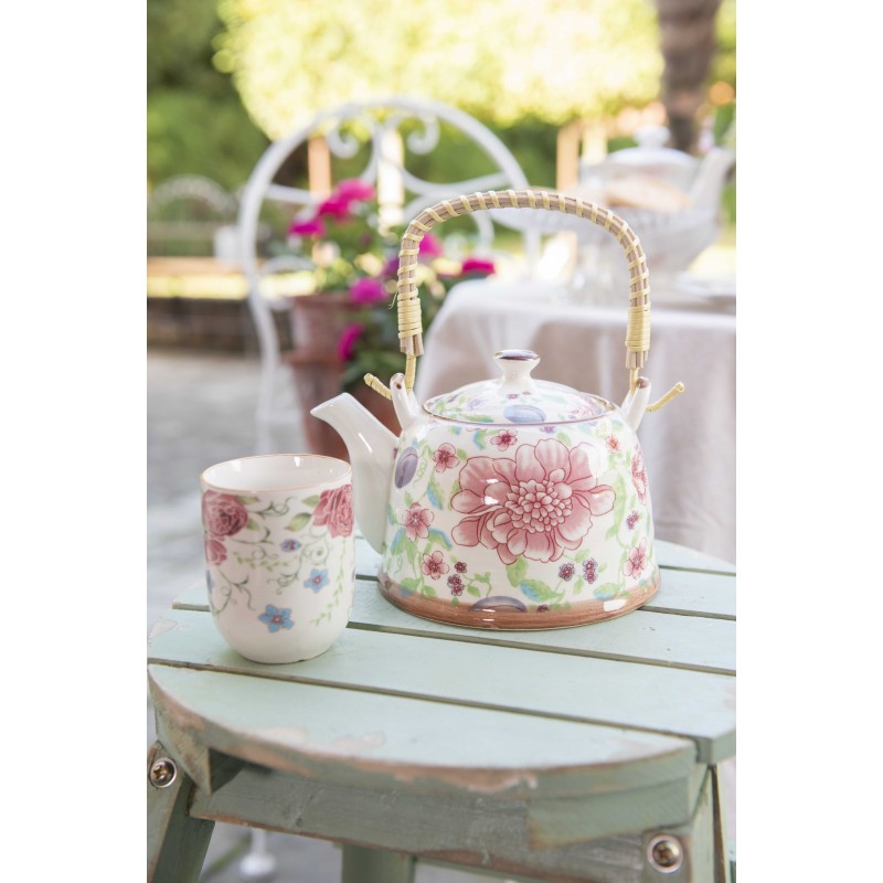 Clayre & Eef Teekanne mit Filter 700 ml Beige Rosa Keramik Rund Blumen