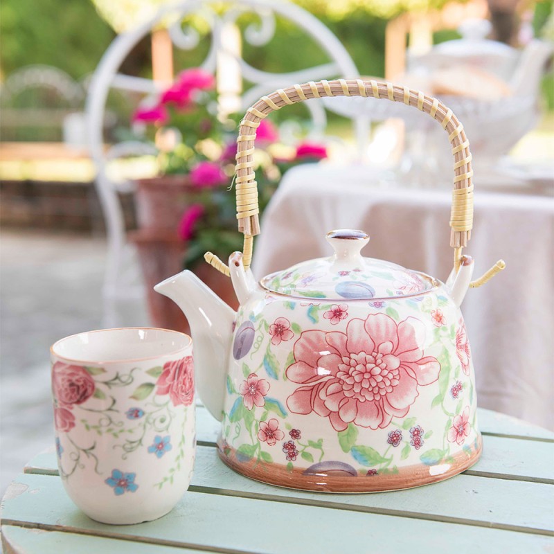 Clayre & Eef Teekanne mit Filter 700 ml Beige Rosa Keramik Rund Blumen