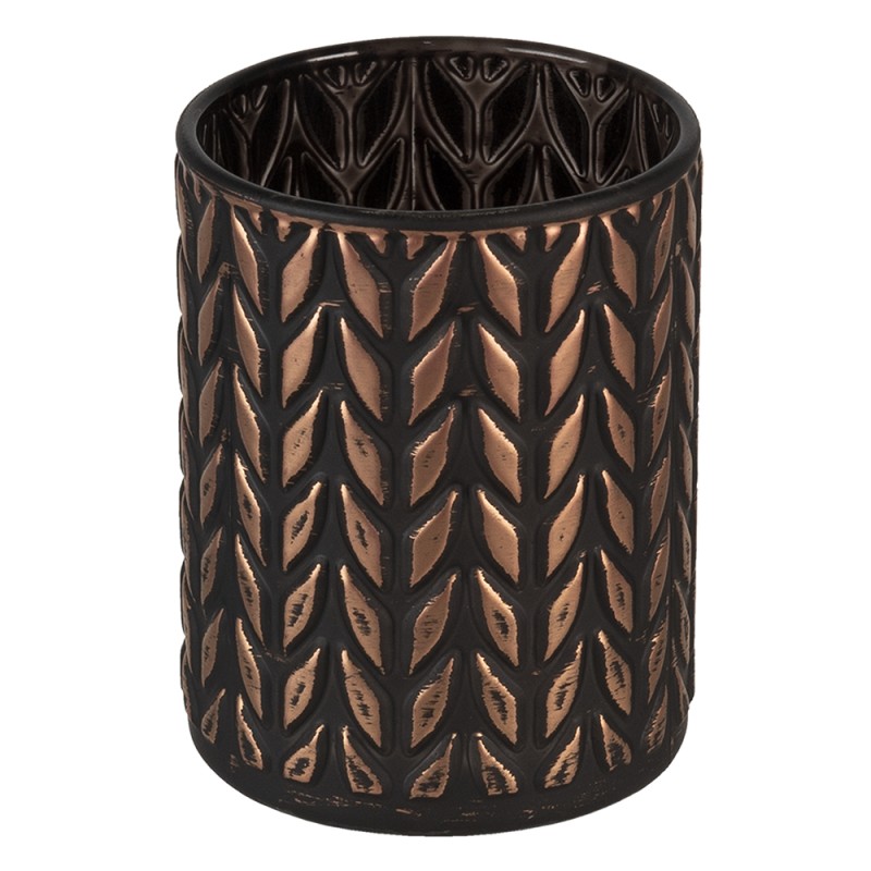 Clayre & Eef Tealight Holder Ø 8x10 cm Copper colored Black Glass Round