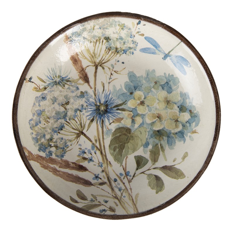 Clayre & Eef Serving Platter Ø 20x4 cm White Blue Wood Round Flowers