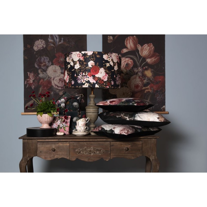 Clayre & Eef Lampshade Pendant Light Ø 53x30 cm Black Textile Round Flowers