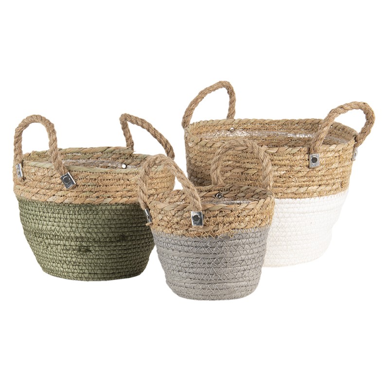 Clayre & Eef Baskets Set of 3 6RO0516 Ø 24 Ø 22 Ø 17 cm Brown White Seagrass Round