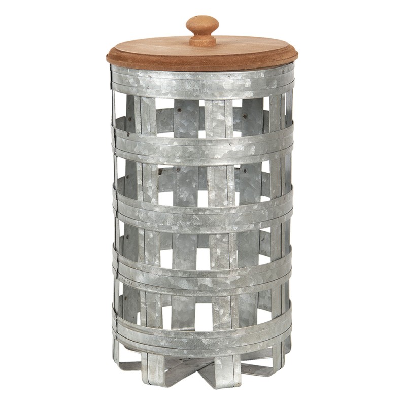 Clayre & Eef Tin Storage Box Ø 14x26 cm Grey Wood Metal Round