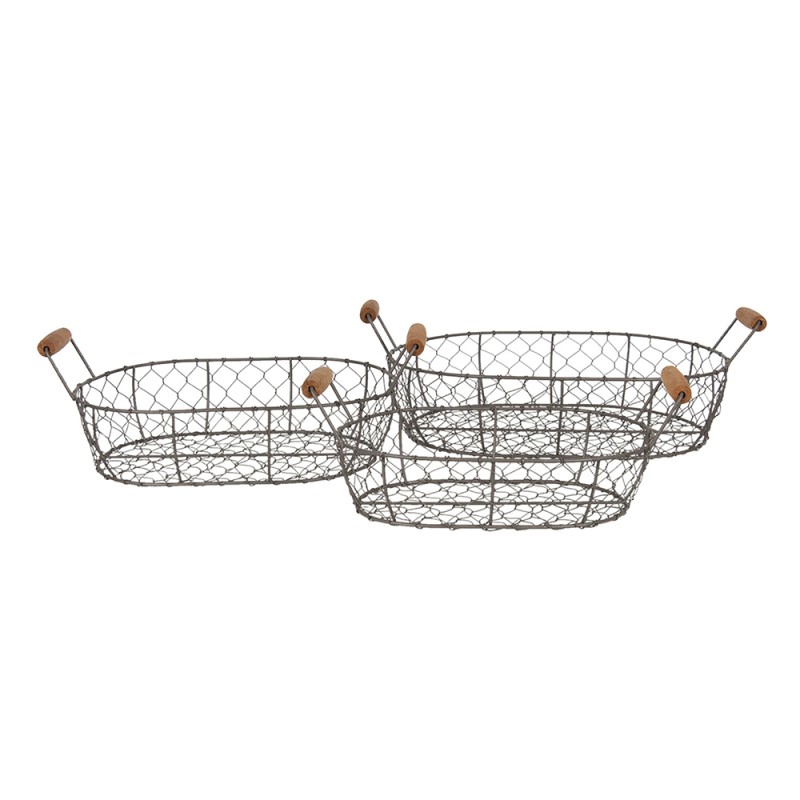 Clayre & Eef Storage Basket Set of 3 42x27x15 cm Brown Iron Wood Round