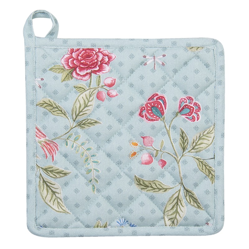 Clayre & Eef Pot Holder 20x20 cm Blue Green Cotton Square Flowers