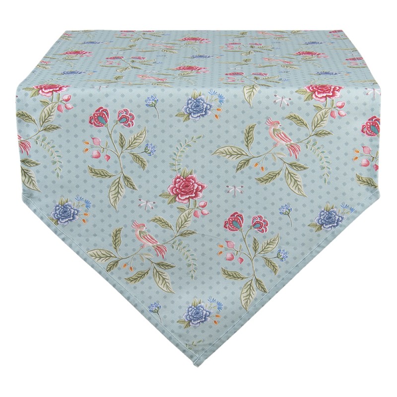Clayre & Eef Table Runner 50x160 cm Blue Green Cotton Flowers