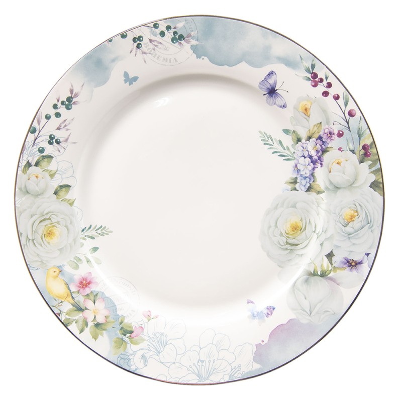 Clayre & Eef Assiette de dîner Ø 26 cm Blanc Bleu Porcelaine Rond Fleurs