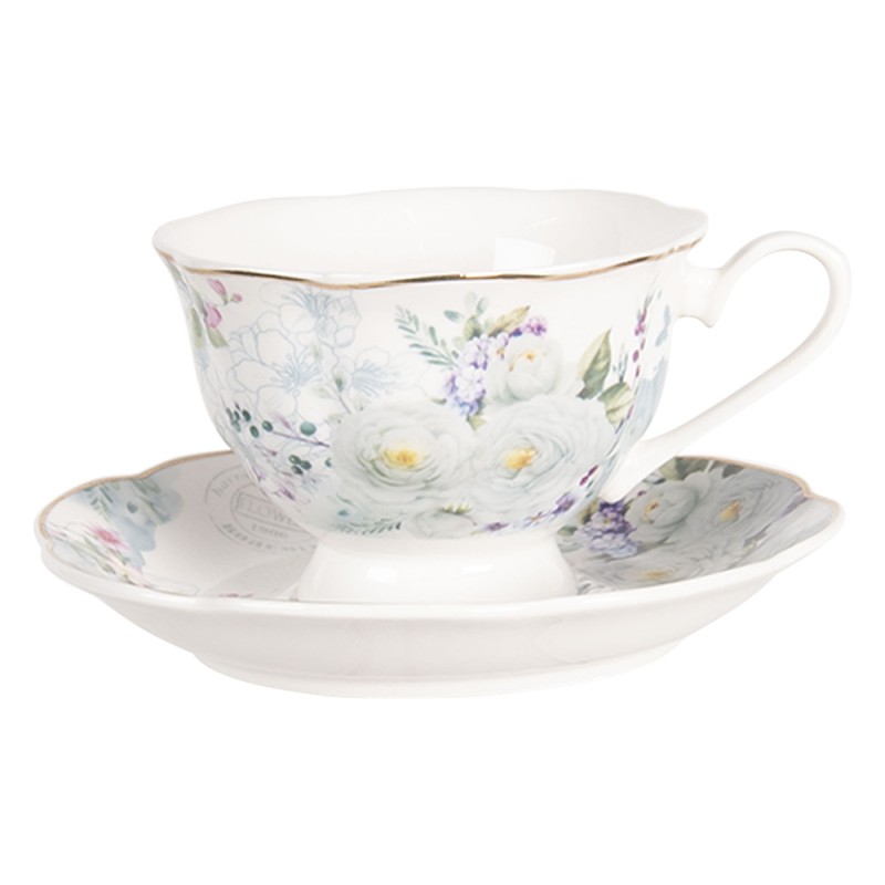 Clayre & Eef Cup and Saucer 220 ml White Blue Porcelain Round Flowers