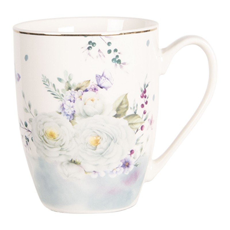 Clayre & Eef Mug 360 ml Blanc Bleu Porcelaine Rond Fleurs