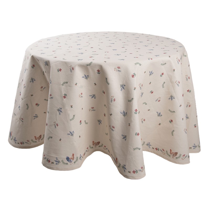 Clayre & Eef Tablecloth Ø 170 cm Beige Blue Cotton Round Chicken and Rooster