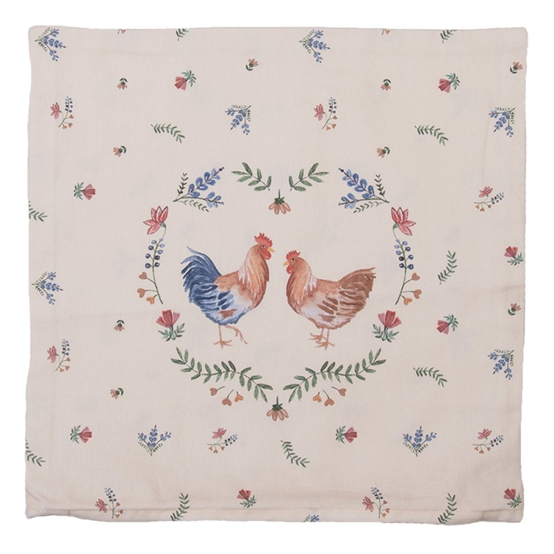 Clayre & Eef Kissenbezug 40x40 cm Beige Blau Baumwolle Quadrat Huhn und Hahn