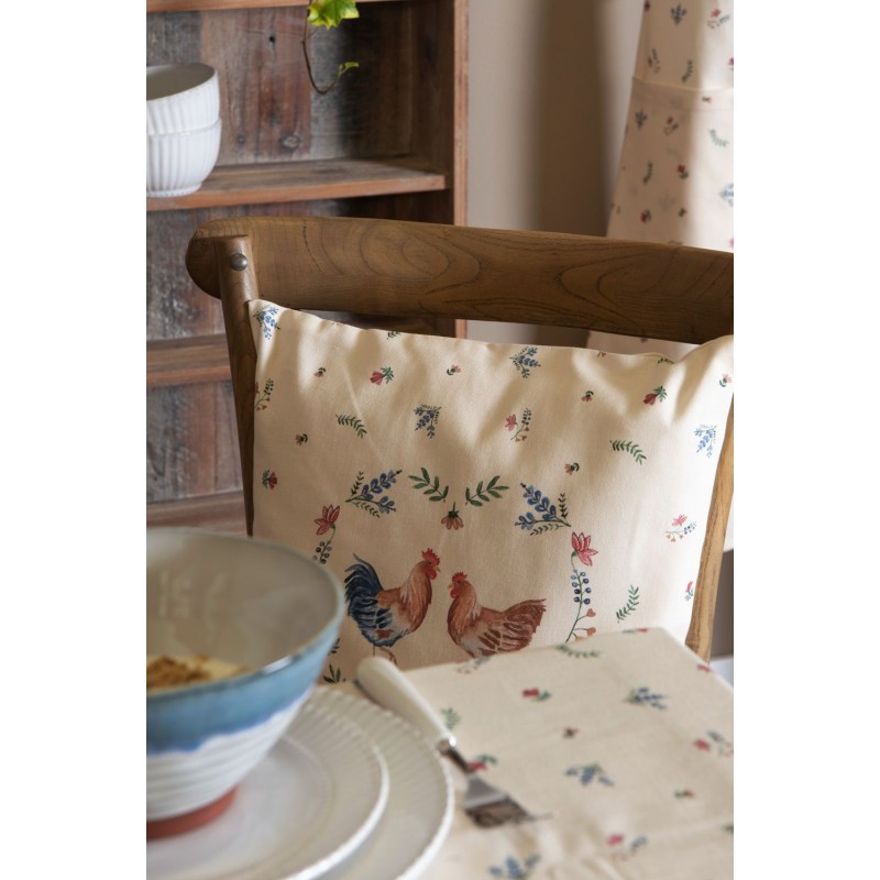 Clayre & Eef Chair Cushion Cover 40x40 cm Beige Blue Cotton Square Chicken and Rooster