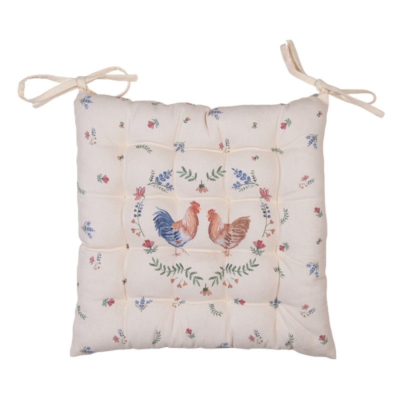 Clayre & Eef Chair Cushion Foam 40x40 cm Beige Blue Cotton Square Chicken and Rooster
