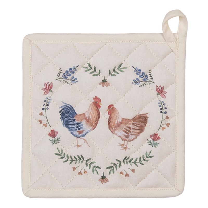 Clayre & Eef Pot Holder 20x20 cm Beige Blue Cotton Square Chicken and Rooster