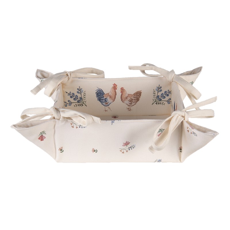 Clayre & Eef Bread Basket 35x35x8 cm Beige Blue Cotton Square Chicken and Rooster