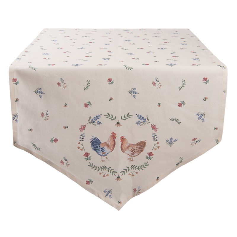 Clayre & Eef Table Runner 50x160 cm Beige Blue Cotton Chicken and Rooster