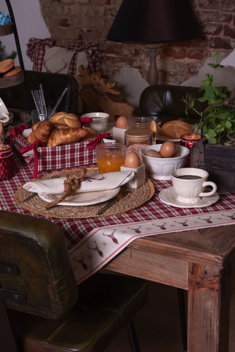 Tafelkleed 100X100 Cm Rood Beige Katoen Ruit Hert-image