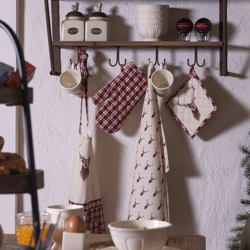 Clayre & Eef Kitchen Apron 70x85 cm Beige Red Cotton Deer