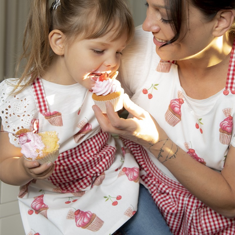 Clayre & Eef Tablier de cuisine pour enfants 48x56 cm Rouge Rose Coton Cupcakes