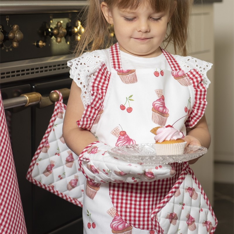 Clayre & Eef Grembiule da cucina per bambini 48x56 cm Rosso Rosa  Cotone Cupcakes