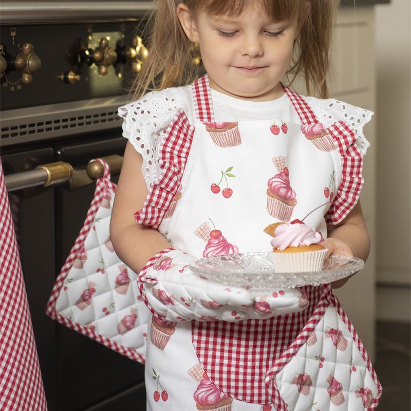 Clayre & Eef Tablier de cuisine pour enfants 48x56 cm Rouge Rose Coton Cupcakes