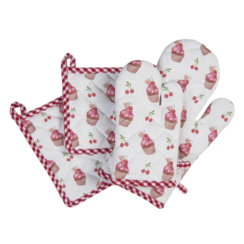 Clayre & Eef Pot Holder 20x20 cm Red White Cotton Square Cupcakes