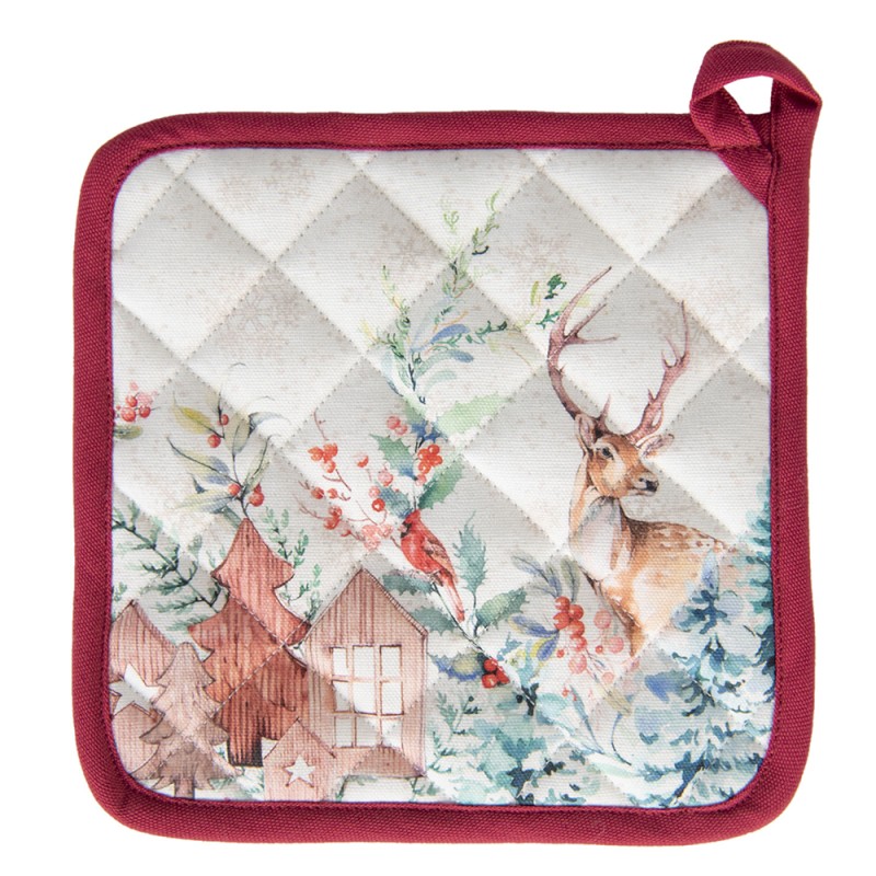 Clayre & Eef Pot Holder 20x20 cm White Red Cotton Square Deer