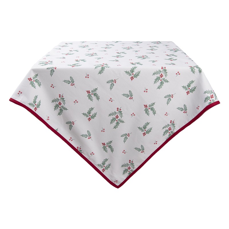 Clayre & Eef Nappe 100x100 cm Blanc Rouge Coton Carré Feuilles de houx