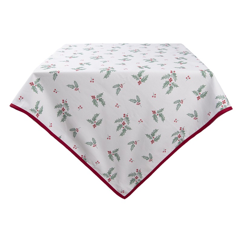Clayre & Eef Tablecloth 130x180 cm White Red Cotton Rectangle Holly Leaves