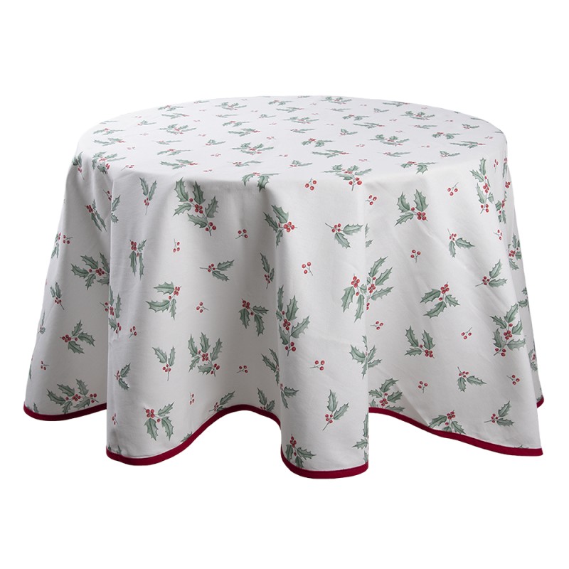 Clayre & Eef Tablecloth Ø 170 cm White Red Cotton Round Holly Leaves