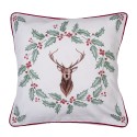 Clayre & Eef Housse de coussin 40x40 cm Blanc Rouge Coton Carré Cerf feuilles de houx