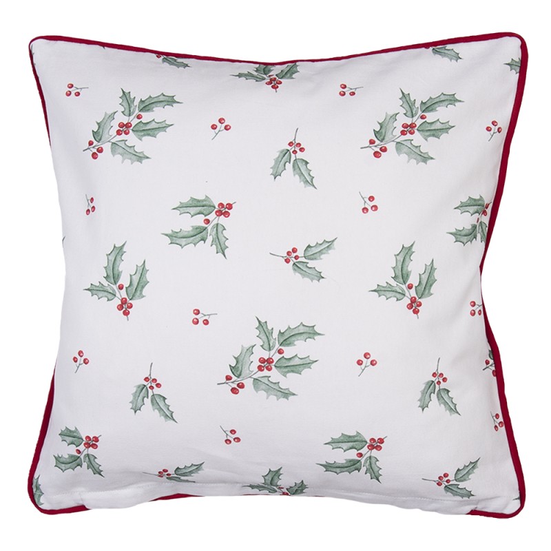 Clayre & Eef Cushion Cover 40x40 cm White Red Cotton Square Deer Holly Leaves