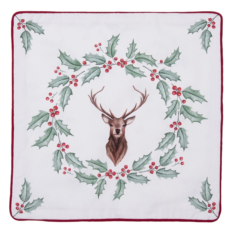 Clayre & Eef Cushion Cover 40x40 cm White Red Cotton Square Deer Holly Leaves
