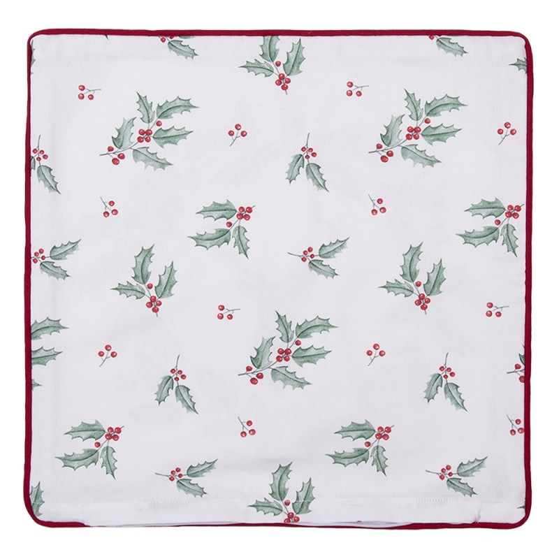 Clayre & Eef Cushion Cover 40x40 cm White Red Cotton Square Deer Holly Leaves