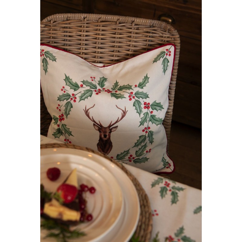 Clayre & Eef Housse de coussin 40x40 cm Blanc Rouge Coton Carré Cerf feuilles de houx