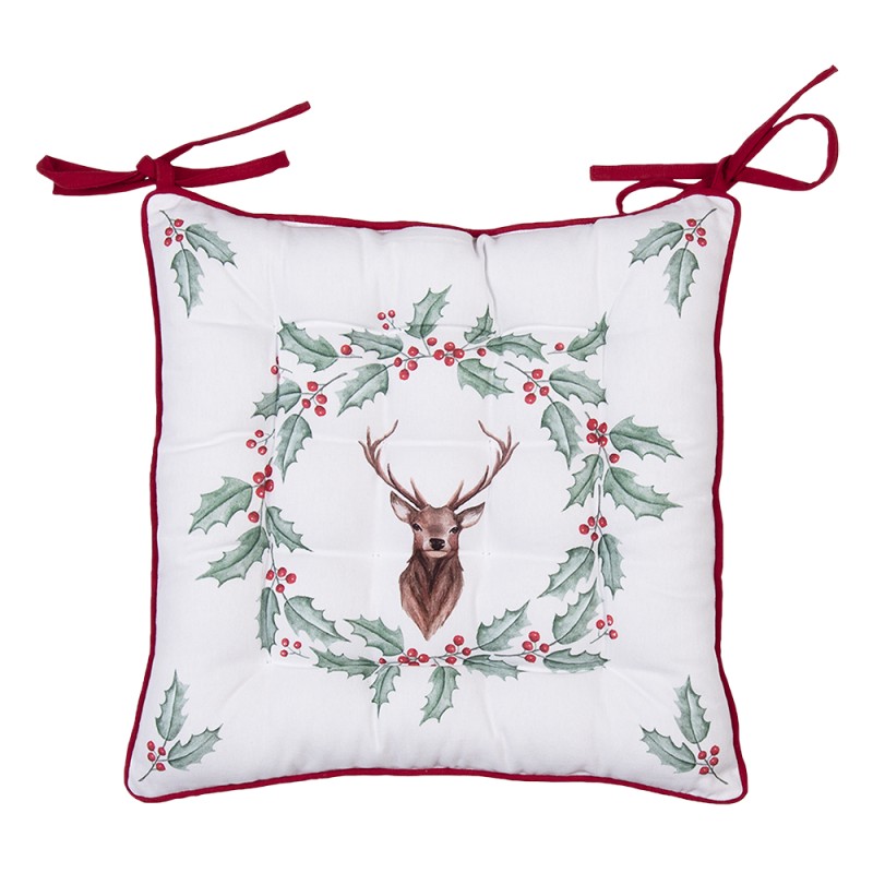 Clayre & Eef Chair Cushion Foam 40x40x4 cm White Red Cotton Square Deer Holly Leaves