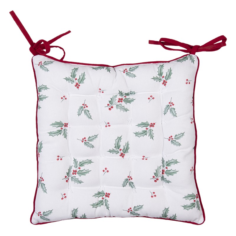 Clayre & Eef Chair Cushion Foam 40x40x4 cm White Red Cotton Square Deer Holly Leaves