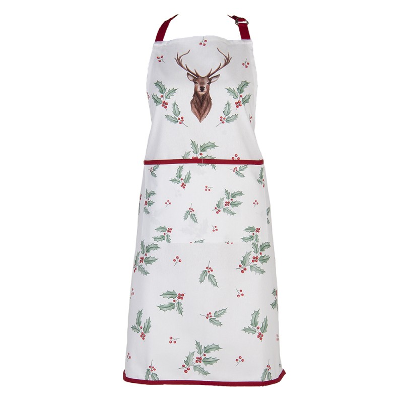 Clayre & Eef Kitchen Apron 70x85 cm White Red Cotton Deer Holly Leaves