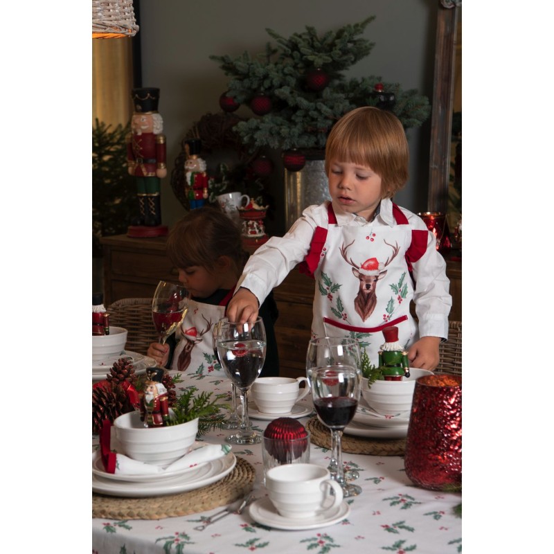 Clayre & Eef Tablier de cuisine pour enfants 48x56 cm Blanc Rouge Coton Cerf feuilles de houx