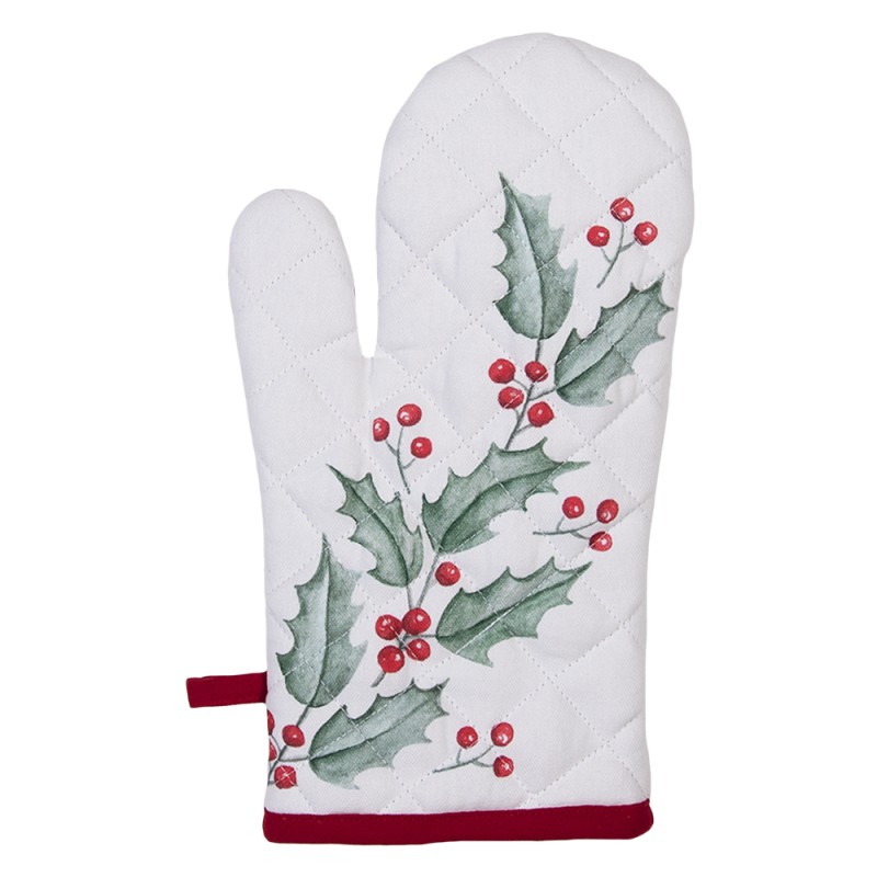 Clayre & Eef Oven Mitt 18x30 cm White Red Cotton Holly Leaves