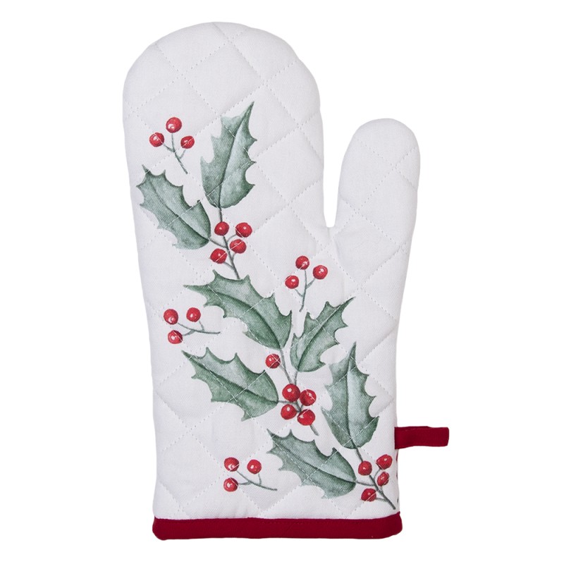 Clayre & Eef Oven Mitt 18x30 cm White Red Cotton Holly Leaves