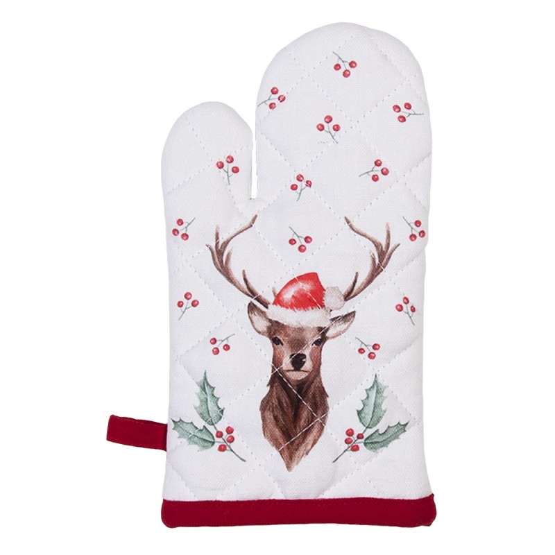 Clayre & Eef Gant de four pour enfants 12x21 cm Blanc Rouge Coton Cerf feuilles de houx