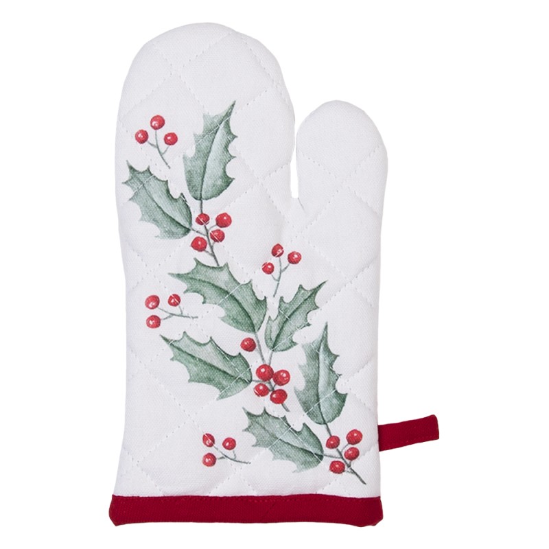 Clayre & Eef Kids' Oven Mitt 12x21 cm White Red Cotton Deer Holly Leaves
