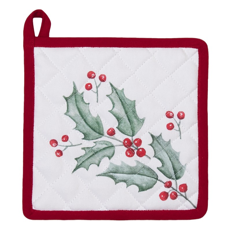 Clayre & Eef Pot Holder 20x20 cm White Red Cotton Square Holly Leaves